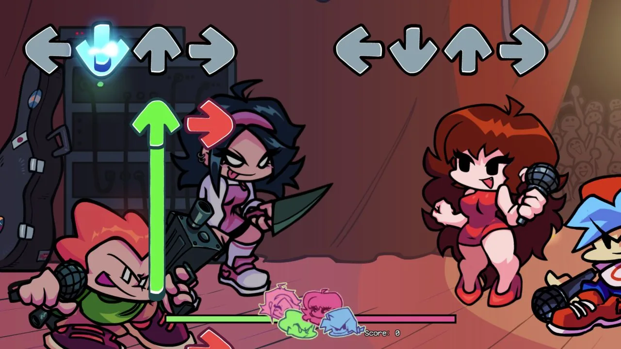Doubling Down gameplay showing Pico and Nene opposite Boyfriend and Girlfriend in the music room