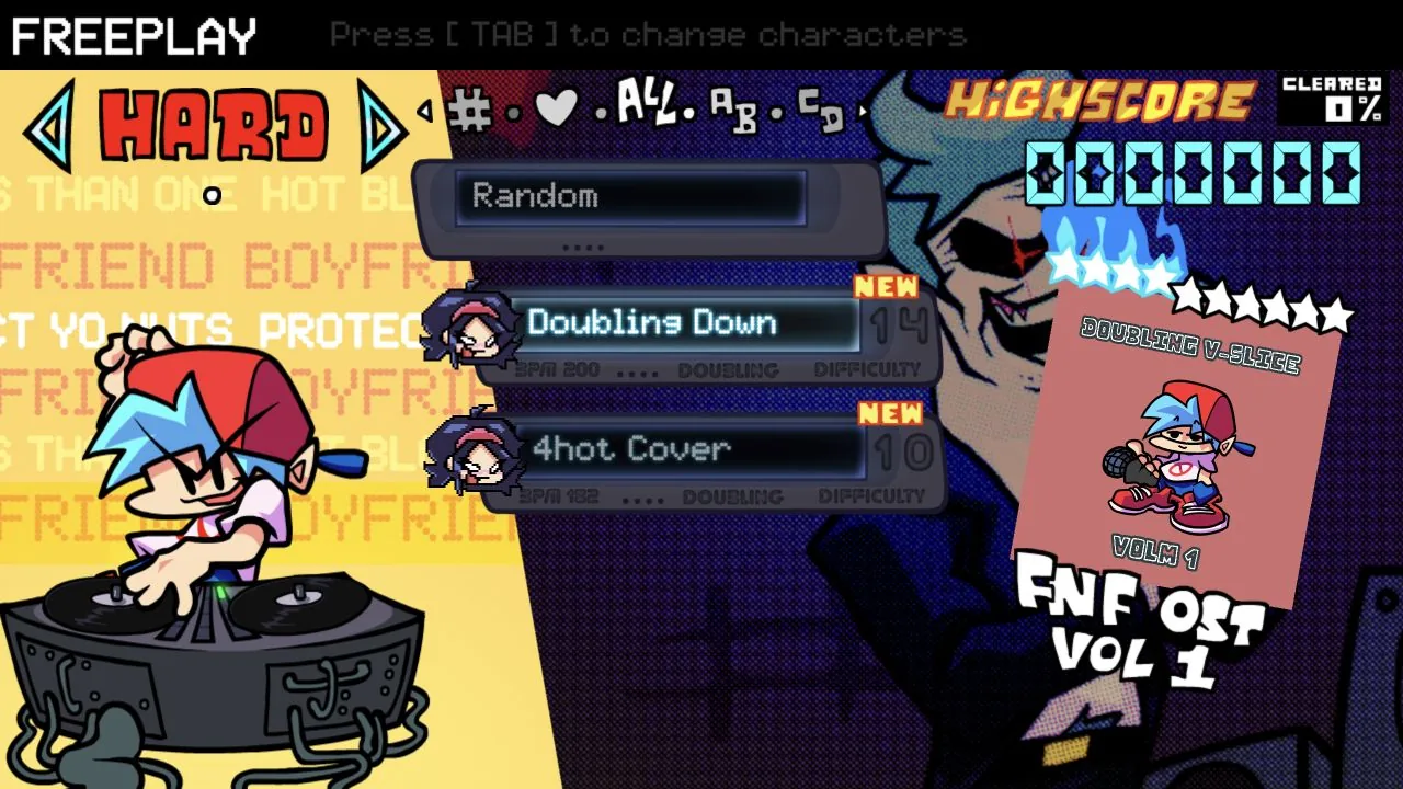 Doubling Freeplay song list with Doubling Down and 4hot Cover on Hard difficulty