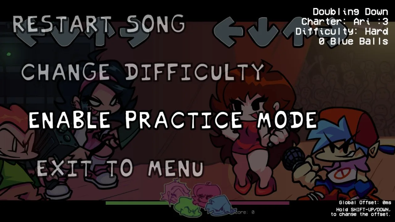Doubling Down pause menu on Hard with Enable Practice Mode selected above Exit to Menu