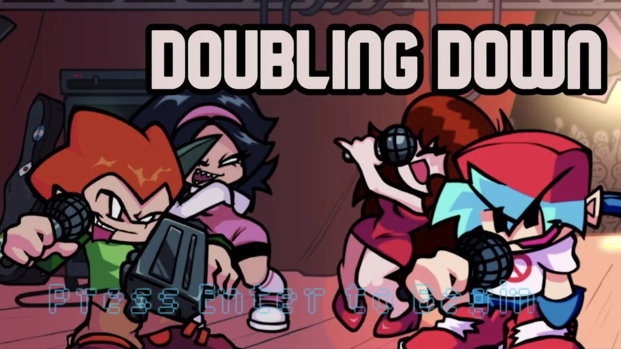 Doubling Down title screen with the four singers and Press Enter to Begin