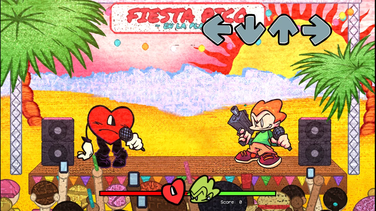 Celoso Pico Mix gameplay with Pico on the right, the red heart opponent on the left and player arrow targets above Pico