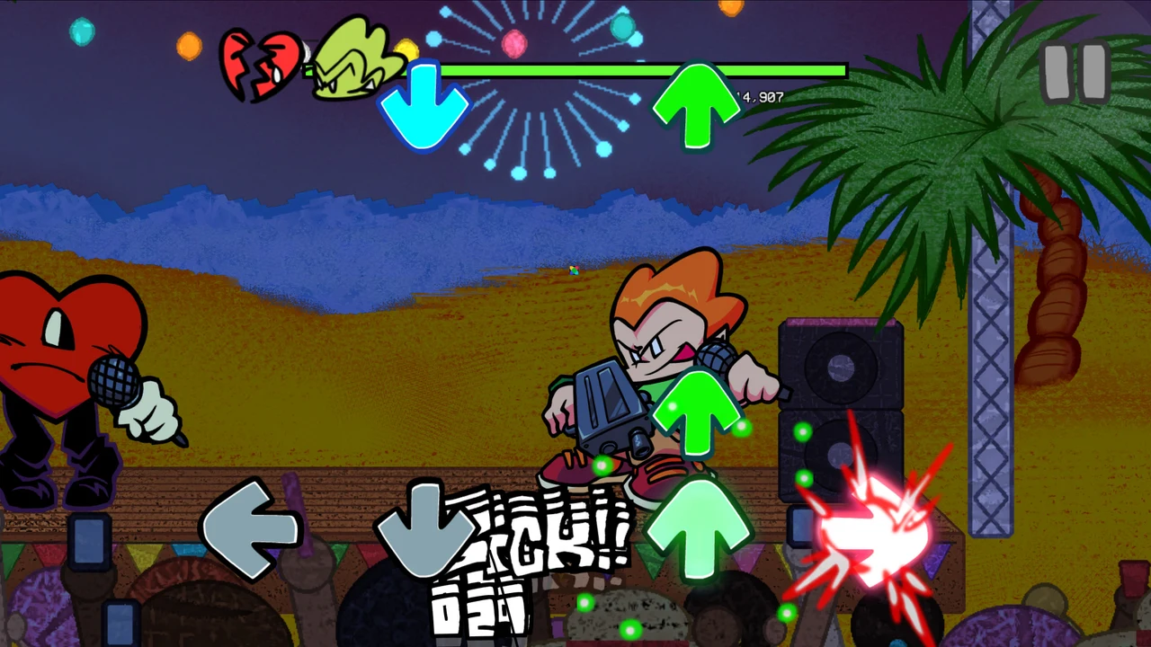 Pico playing a note chart on the island stage with fireworks in the night sky
