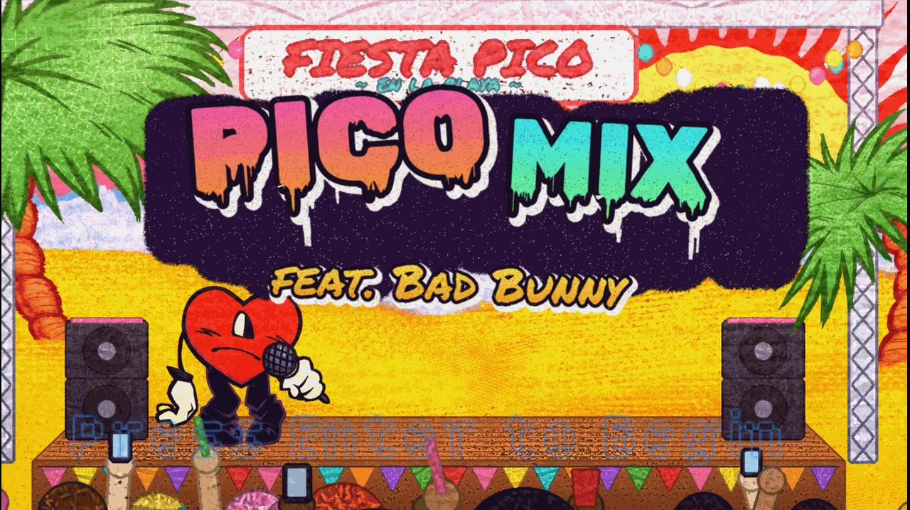 Pico Mix title screen showing the beach stage and Press Enter to Begin