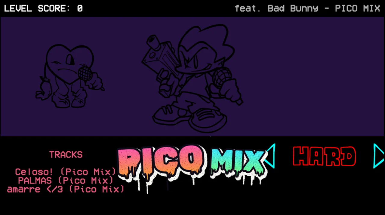 PICO MIX week selection showing the three main songs and left and right arrows beside Hard difficulty