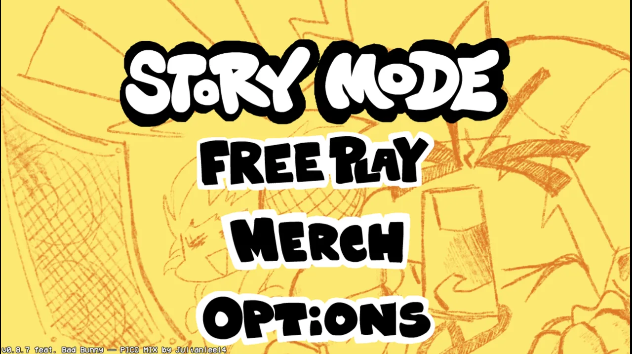 Pico Mix main menu with Story Mode selected above Freeplay, Merch and Options