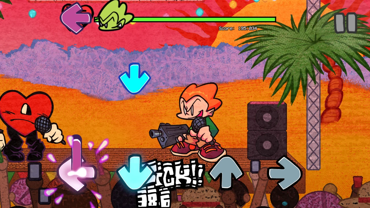 Pico and the red heart opponent performing on the beach-party stage at sunset