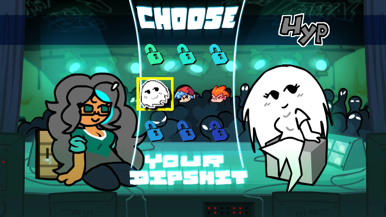 Hyp selected on the character screen with Midy sitting on speakers beside her