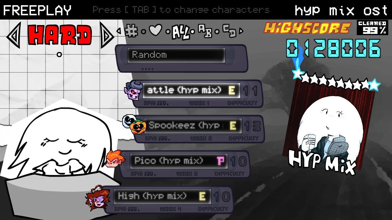 Hyp Mix Freeplay menu showing Hard difficulty and remixes of Dadbattle, Spookeez, Pico and High