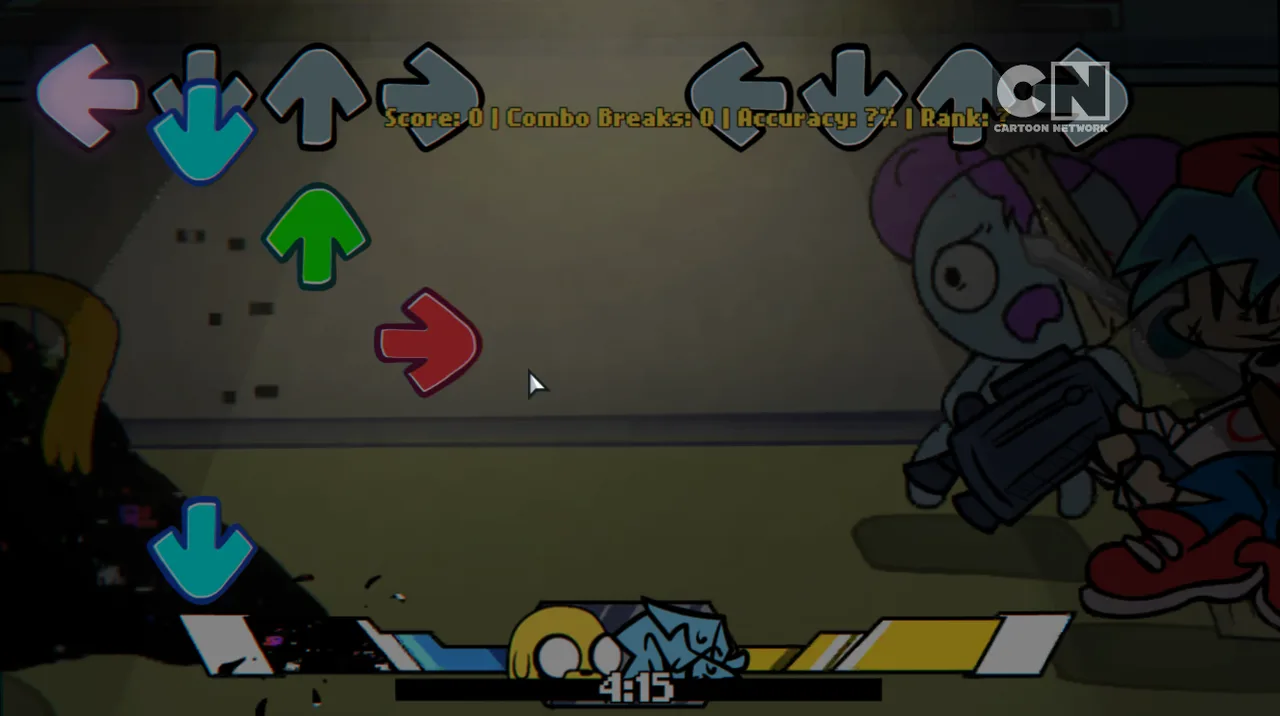 Brotherly Love gameplay with Pibby and Boyfriend on the right, four player note targets above them and corrupted characters on the left