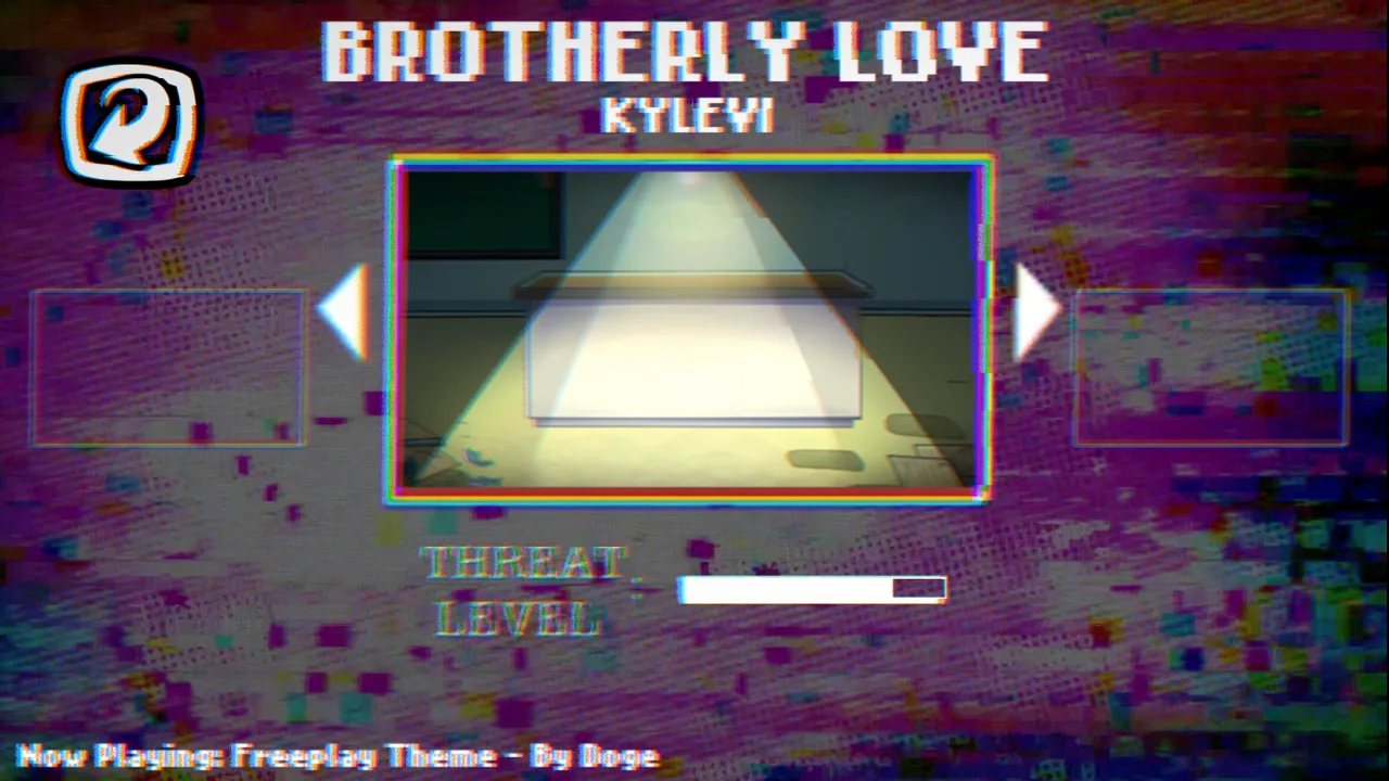 Brotherly Love by Kylevi selected between left and right arrows, with a scene preview and Threat Level bar
