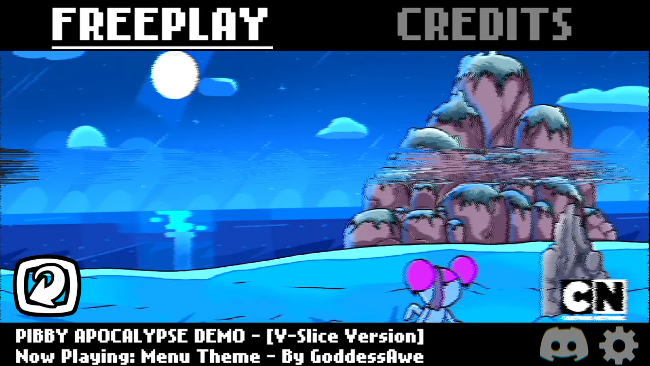 Pibby Apocalypse main menu with Freeplay highlighted, Credits, Pibby by the sea and a settings gear