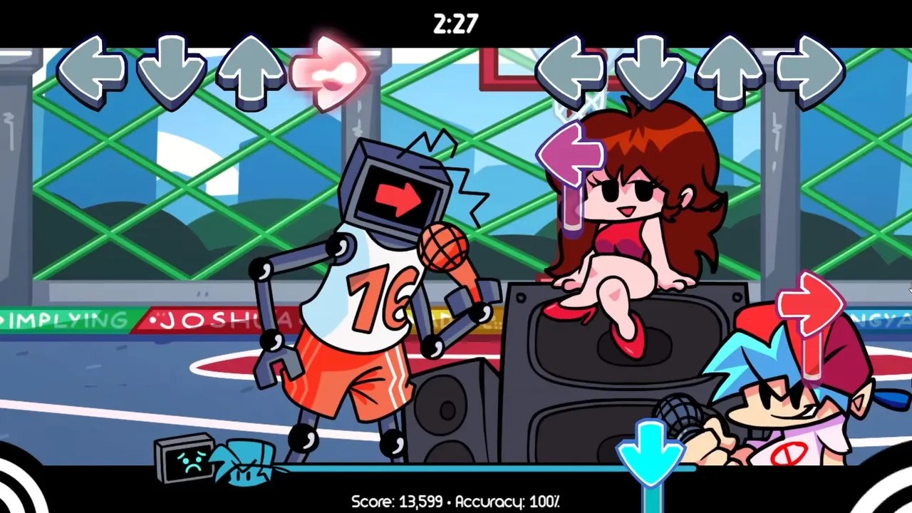 Hex and Boyfriend facing each other on the Event X basketball court
