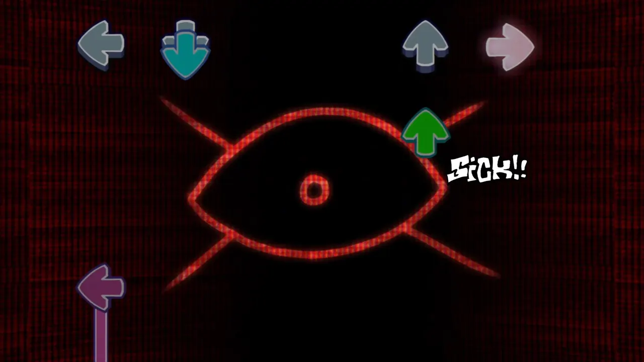 VS Hex V3 Iris scene with a red eye on a dark background and notes on screen