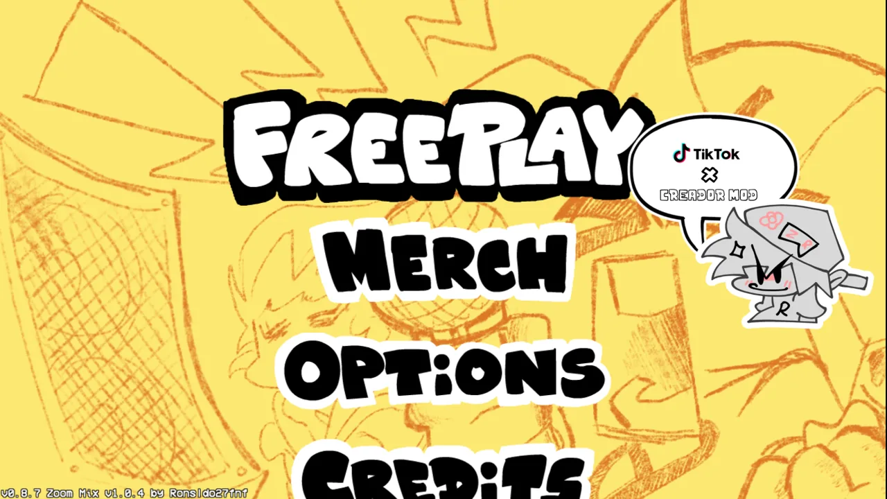 Zoom Mix yellow main menu with Freeplay selected above Merch, Options and Credits