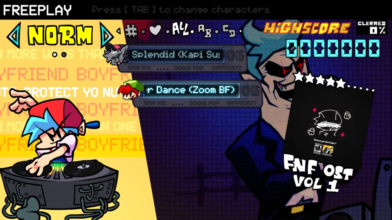 Freeplay with Murder Dance Zoom BF selected, Zoom's character icon and arrows beside NORM difficulty