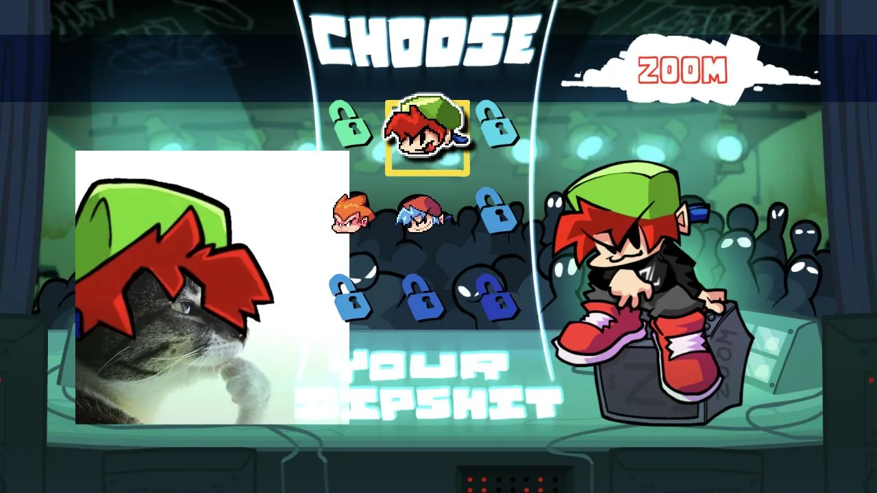 Character selection with the red-haired Zoom icon highlighted above Boyfriend and Zoom shown on the right