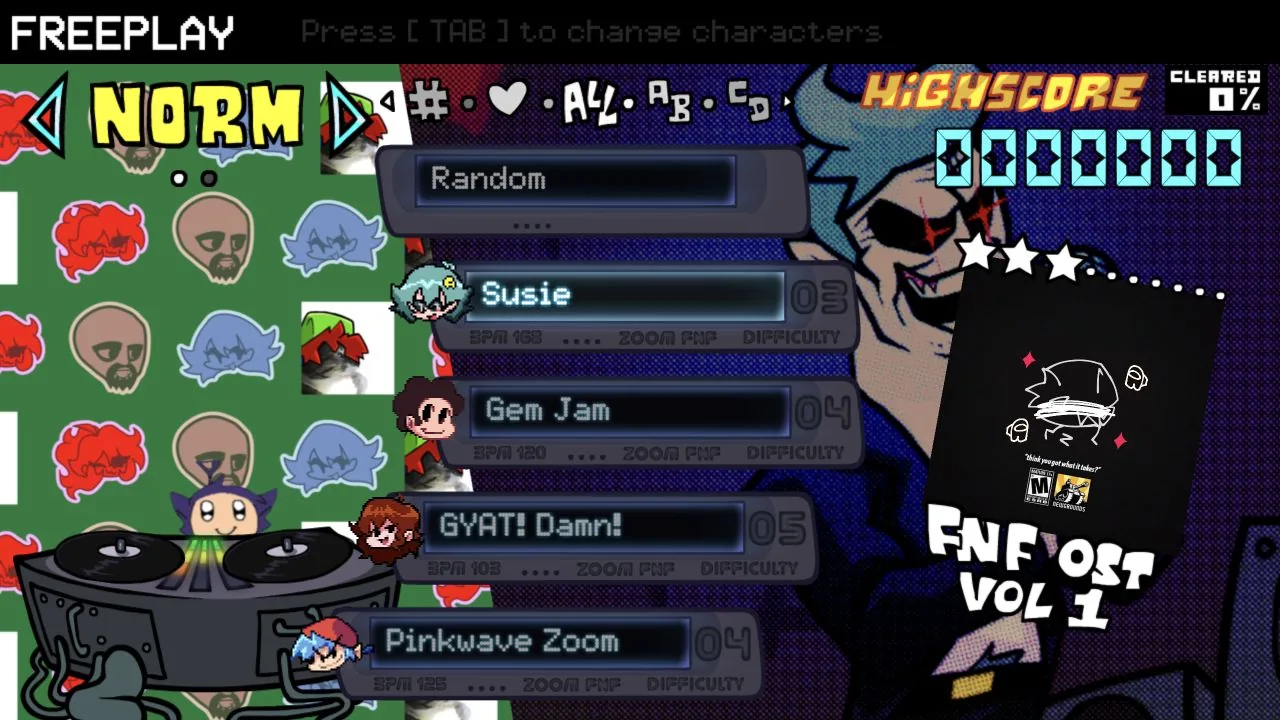 Zoom Freeplay selection with Susie selected on NORM and Gem Jam, GYAT Damn and Pinkwave Zoom listed below