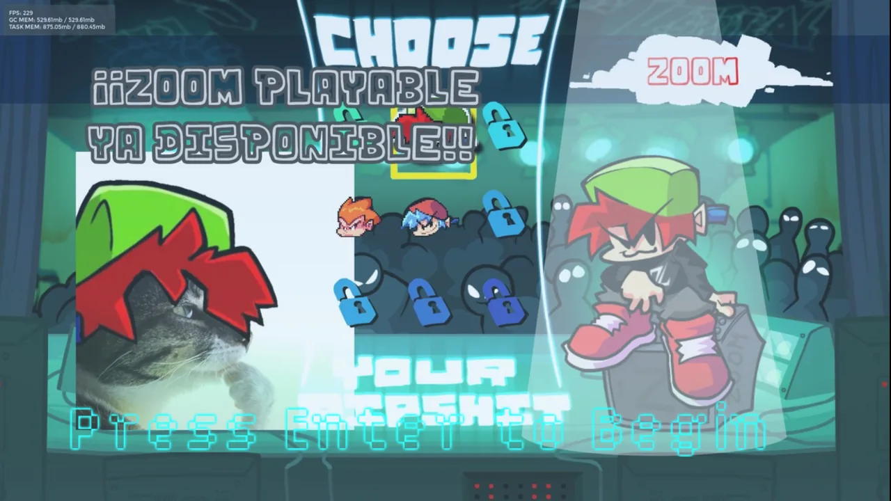 Zoom Playable title screen with character-selection artwork and Press Enter to Begin